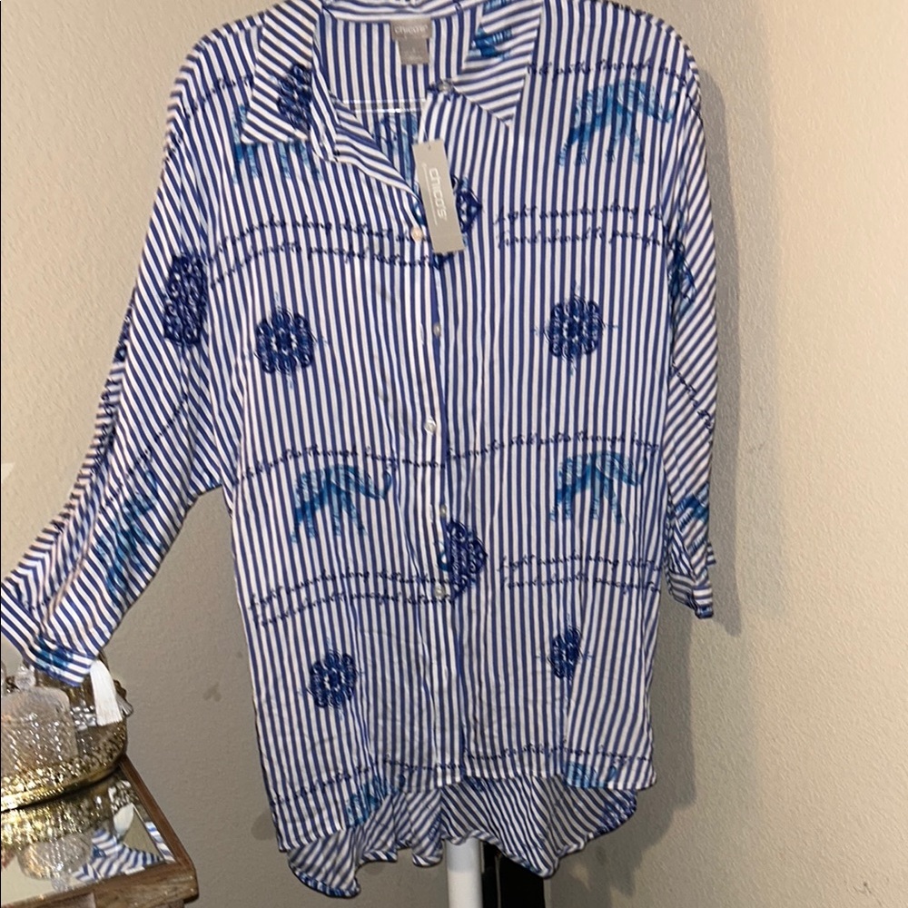 Chico's Nautical Striped Shirt with Floral Design